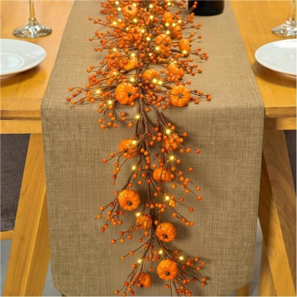 59 Inches Fall Garland with Lights Artificial Autumn Garland with Pumpkin
